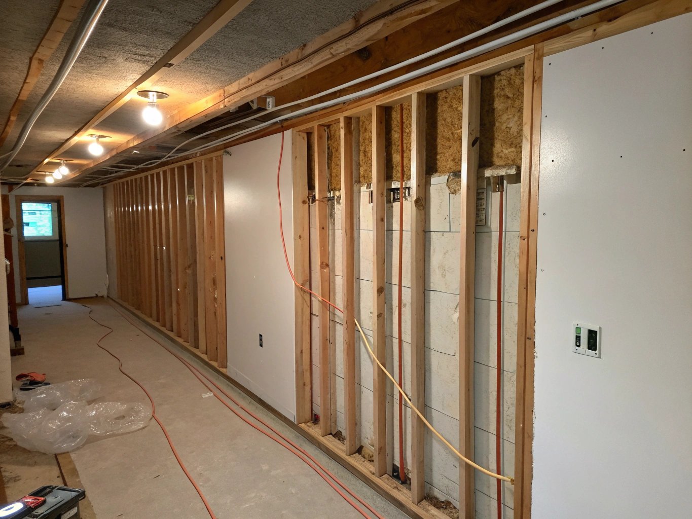 Interior fit-out: Knauf Insulation batts, metal stud wall framing and electrical rough-in with mobile scaffolding tower