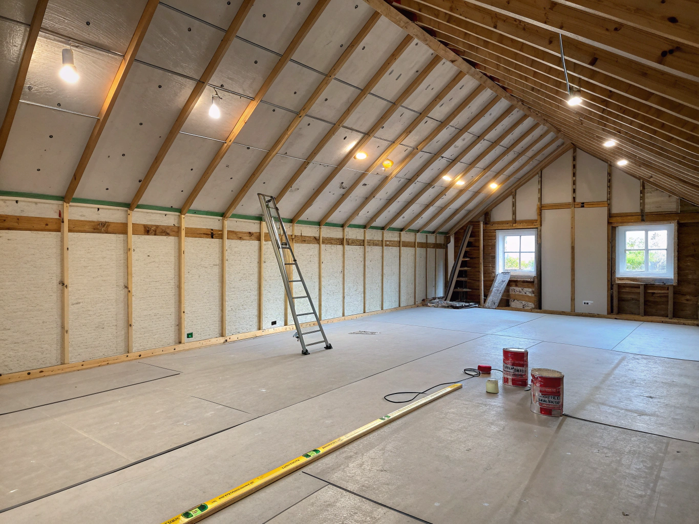 Interior renovation: metal stud framing, mineral wool insulation and PREGYPLAC BA13 plasterboard installation in a sloped-ceiling space with exposed brick