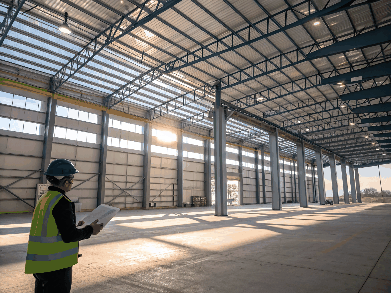Industrial interior fit-out: metal framing, insulation panels, scaffolding and metal spiral staircase installation